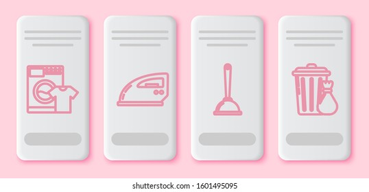 Set line Washer and t-shirt , Electric iron , Toilet plunger and Trash can and garbage bag . White rectangle button. Vector