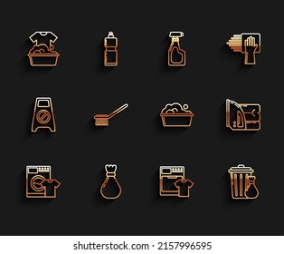 Set line Washer and t-shirt, Garbage bag, Plastic basin with soap suds, Trash can garbage, Toilet brush, Electric iron towel and  icon. Vector