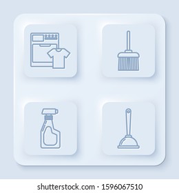 Set line Washer and t-shirt , Handle broom , Cleaning spray bottle with detergent liquid  and Toilet plunger. White square button. Vector