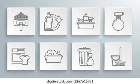 Set line Washer and t-shirt, Plastic bottles for liquid dishwashing liquid, basin with soap suds, Trash can garbage bag, Mop bucket,  and Vacuum cleaner icon. Vector