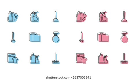 Set line Washer and t-shirt, Plastic bottles for liquid dishwashing liquid, Mop, Toilet paper roll, brush and  icon. Vector