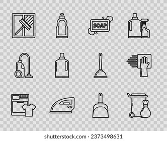 Set line Washer and t-shirt, Trash can, Bar of soap with foam, Electric iron, Squeegee, scraper, wiper, Plastic bottles for liquid dishwashing liquid, Dustpan and Cleaning service icon. Vector