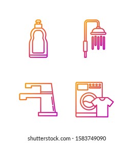 Set line Washer and t-shirt , Water tap , Plastic bottles for liquid dishwashing liquid and Shower head with water drops flowing . Gradient color icons. Vector