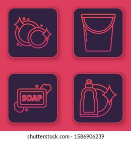 Set line Washing dishes , Bar of soap with foam , Bucket  and Plastic bottles for liquid dishwashing liquid. Blue square button. Vector