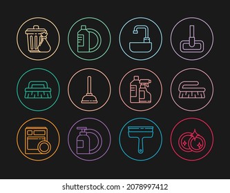 Set line Washing dishes, Brush for cleaning, Washbasin with water tap, Rubber plunger, Trash can and garbage bag, Bottles agent and Dishwashing liquid bottle plate icon. Vector