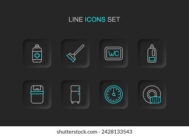 Set line Lavado de vajilla, Reloj, Refrigerador, Papelera, Botella para detergente, Icono de jabón antibacteriano, Toilet, Fregona. Vector