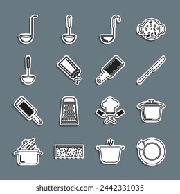 Set line Washing dishes, Cooking pot, Knife, Kitchen ladle, Salt and pepper,  and Grater icon. Vector