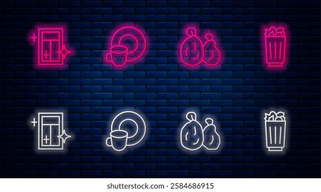 Set line Washing dishes, Garbage bag, Cleaning service for window and Full trash can. Glowing neon icon on brick wall. Vector