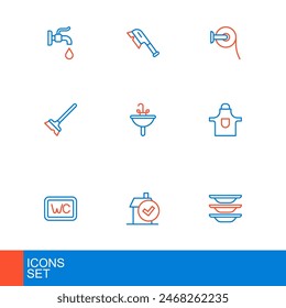 Set line Washing dishes, Home cleaning service, Toilet, Kitchen apron, Mop, Washbasin, paper roll and Brush for icon. Vector