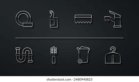 Set line Washing dishes, Industry metallic pipe, Water tap, Trash can, Toilet brush, Dishwashing liquid bottle, Hanger wardrobe and Sponge icon. Vector