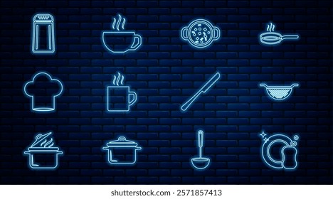 Set line Washing dishes, Kitchen colander, Cooking soup pot, Coffee cup, Chef hat, Salt pepper, Knife and  icon. Vector