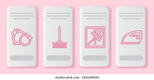 Set line Washing dishes , Mop , Squeegee, scraper, wiper and Electric iron . White rectangle button. Vector