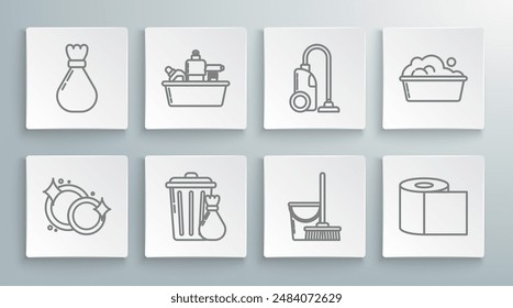 Set line Washing dishes, Plastic bottles for liquid dishwashing liquid, Trash can and garbage bag, Mop bucket, Toilet paper roll, Vacuum cleaner, basin with soap suds and Garbage icon. Vector