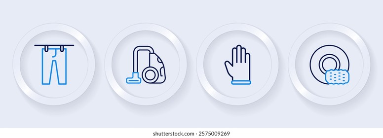 Set line Washing dishes, Rubber gloves, Vacuum cleaner and Drying clothes icon. Vector