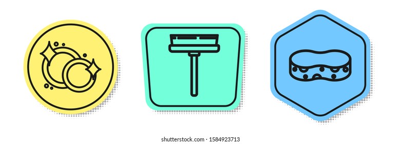 Set line Washing dishes , Squeegee, scraper, wiper and Sponge . Colored shapes. Vector