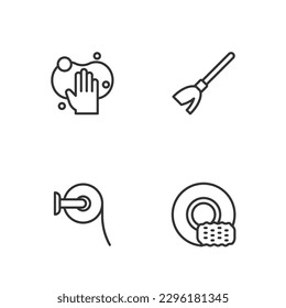 Set line Washing dishes, Toilet paper roll, Sponge and Handle broom icon. Vector