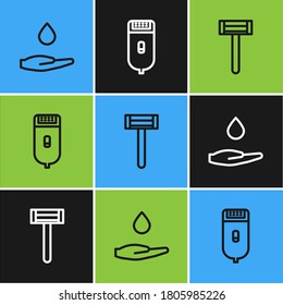 Set line Washing hands with soap, Shaving razor and Electrical hair clipper shaver icon. Vector