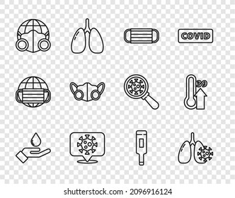 Ponga las manos de lavado con jabón, pulmón de células de virus, máscara de protección médica, virus de Corona en la ubicación, medicina de la Tierra, termómetro e icono de alta temperatura corporal humana. Vector
