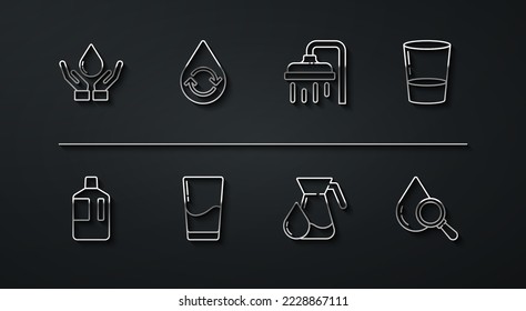 Set line Washing hands with soap, Big bottle clean water, Glass, Jug glass, Recycle aqua, Drop magnifying and Shower head icon. Vector