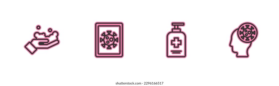 Set line Washing hands with soap, Liquid antibacterial, Virus statistics on monitor and Human virus icon. Vector