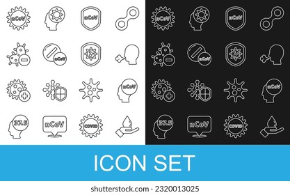 Ponga las manos de lavado con jabón, virus Corona 2019-nCoV, tos de hombre, escudo protector de, tableta de píldora de medicina, negativo e icono. Vector