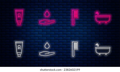 Ponga las manos de lavado de línea con jabón, cepillo de pelo, tubo de dentífrico y bañera. Icono de neón brillante en la pared de ladrillo. Vector
