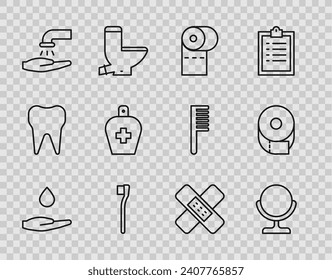 Ponga las manos de lavado con jabón, espejo de maquillaje redondo, rollo de papel higiénico, cepillo de dientes, botella de antibacteriano líquido, yeso de venda cruzado e icono. Vector