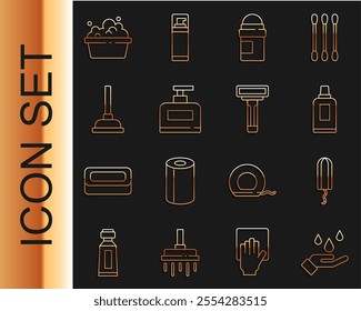 Set line Washing hands with soap, Sanitary tampon, Bottle for cleaning agent, Antiperspirant deodorant roll, of shampoo, Rubber plunger, Basin suds and Shaving razor icon. Vector