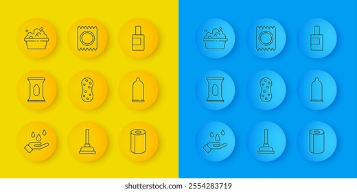 Set line Washing hands with soap, Wet wipe pack, Sponge, Paper towel roll, Condom, Basin suds, Bottle for cleaning agent and package safe sex icon. Vector
