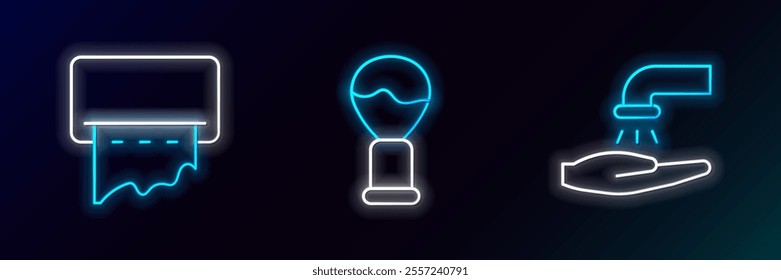 Set line Washing hands with soap, Paper towel dispenser on wall and Shaving brush icon. Glowing neon. Vector