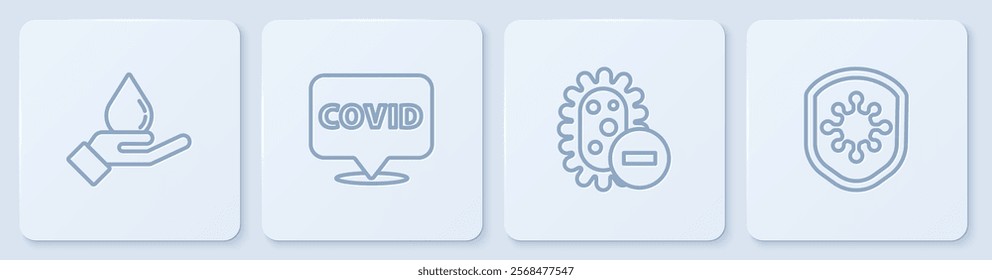 Set line Washing hands with soap, Negative virus, Corona covid-19 on location and Shield protecting from. White square button. Vector