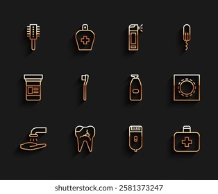 Set line Washing hands with soap, Broken tooth, Hairbrush, Electrical hair clipper or shaver, First aid kit, Toothbrush, Condom package safe sex and Bottle of liquid antibacterial icon. Vector