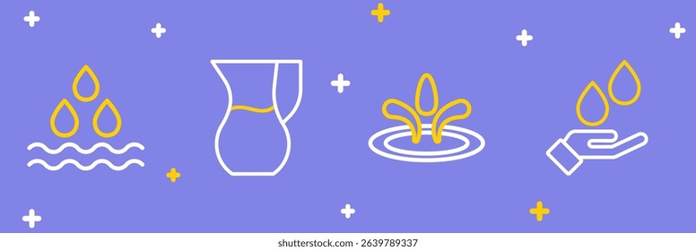 Set line Washing hands with soap, Water drop, Jug glass water and  icon. Vector