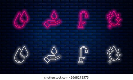 Set line Hände waschen mit Seife, Wasserhahn, Tropfen und . Leuchtendes Neonsymbol an der Ziegelwand. Vektorgrafik