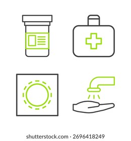 Set line Lavarse las manos con jabón, Condón paquete sexo seguro, botiquín de primeros auxilios e icono de botella de medicina. Vector