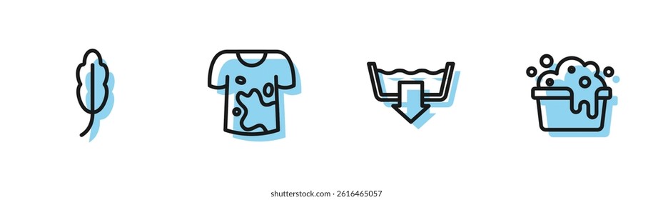 Set line Washing modes, Feather, Dirty t-shirt and Basin with soap suds icon. Vector