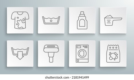 Set line Washing modes, Temperature wash, Garment steamer, Washer, Laundry detergent, Bottle for cleaning agent, powder and Dirty t-shirt icon. Vector
