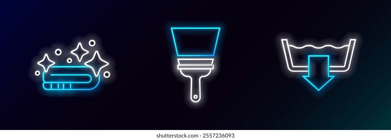 Set line Washing modes, Towel stack and Rubber cleaner for windows icon. Glowing neon. Vector