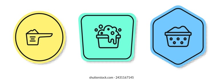 Set line Washing powder, Basin with soap suds and . Colored shapes. Vector