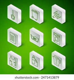 Set line Washing powder, Bottle for cleaning agent, Toilet brush, Temperature wash, Laundry detergent, Trash can, Dirty t-shirt and Washer icon. Vector