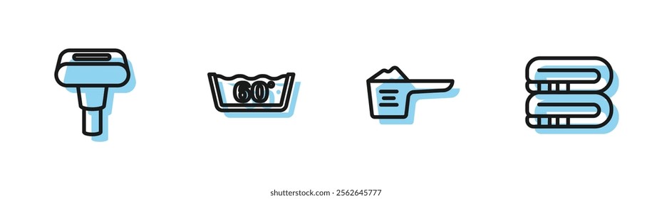 Set line Washing powder, Garment steamer, Temperature wash and Towel stack icon. Vector