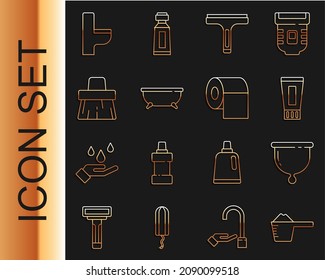 Set line Washing powder, Menstrual cup, Tube of toothpaste, Rubber cleaner, Bathtub, Handle broom, Toilet bowl and paper roll icon. Vector