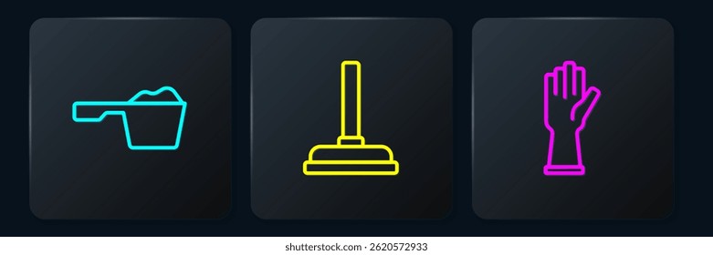 Set line Washing powder, Rubber gloves and plunger. Black square button. Vector
