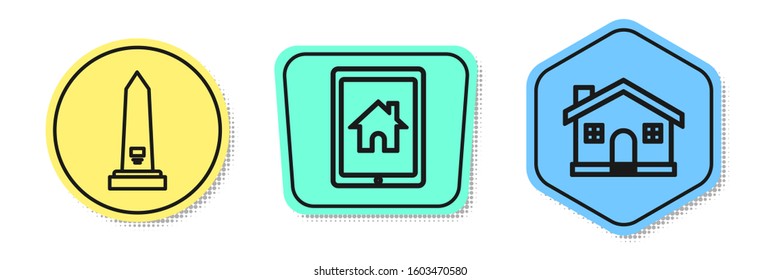Set line Washington monument, Tablet and smart home and House. Colored shapes. Vector