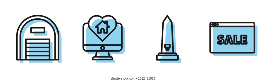 Set line Washington monument, Warehouse, Monitor with house in heart shape and Hanging sign with text Online Sale icon. Vector