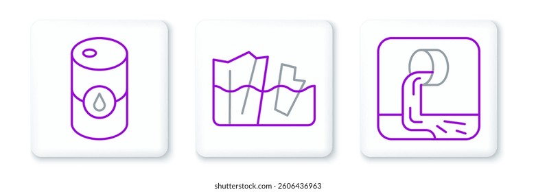 Set line Wastewater, Barrel oil and Glacier melting icon. Vector