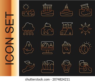 Set line Wastewater, Global warming, Sun, Floating buoy on the sea, Deforestation, Cloud with rain, Drought and Nuclear power plant icon. Vector