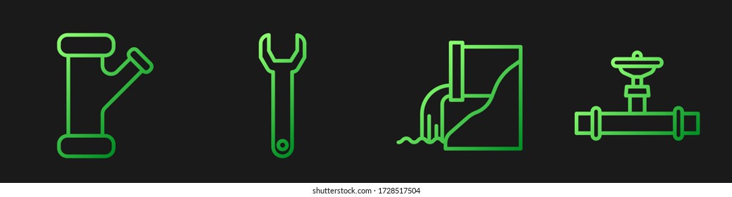 Set line Wastewater, Industry metallic pipe, Wrench spanner and Industry pipe and valve. Gradient color icons. Vector