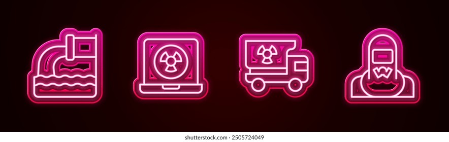 Set line Wastewater, Nuclear laptop, Truck with radiation materials and reactor worker. Glowing neon icon. Vector