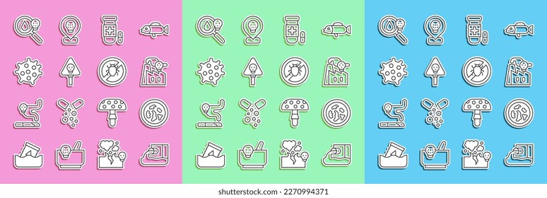 Set line Wastewater, Petri dish with bacteria, Smoke from factory, Antidote, Bones and skull, Bacteria, Poison magnifying glass and Stop colorado beetle icon. Vector